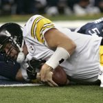 Pittsburgh Steelers quarterback Ben Roethlisberger dives in for a one-yard touchdown against the Seattle Seahawks during the second quarter of play at the Super Bowl XL football game, Sunday, Feb. 5, 2006, in Detroit.