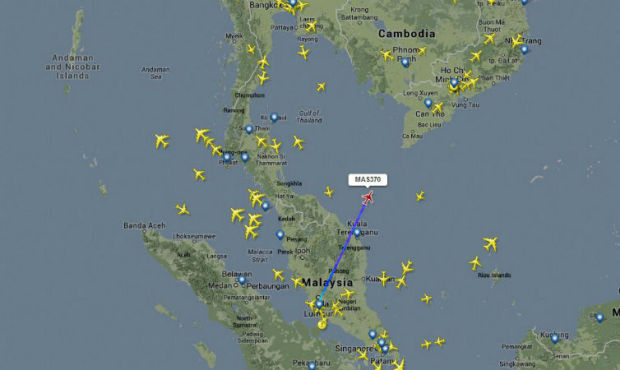 An image from Flight Radar 24 shows the path of the Malaysia Airlines 777 until it disappeared afte...