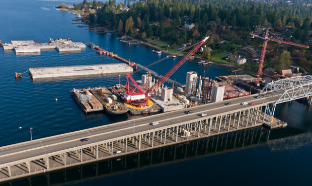 Work continues on the new SR 520 floating bridge, scheduled to open in 2016. (WSDOT image)...