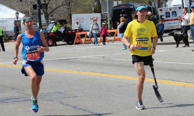 Tacoma runner Edward Lychik (r) runs in the Boston Marathon Monday. (Photo courtesy Edward Lychik v...