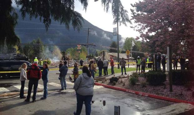 An explosion and fire has destroyed or damaged several businesses in North Bend. (KIRO Radio/Kim Sh...
