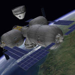 An artists rendering shows the Boeing CST 100 docking with an inflatable space station.