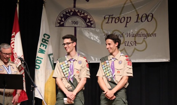 Liam (left) and August Easton-Calabria becoming Eagle Scouts, with their scout master....