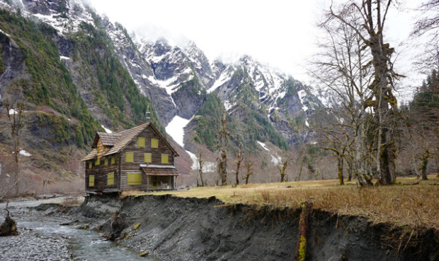 The 84-year-old Enchanted Valley Chalet might be one big rainstorm from plummeting into the Quinalt...
