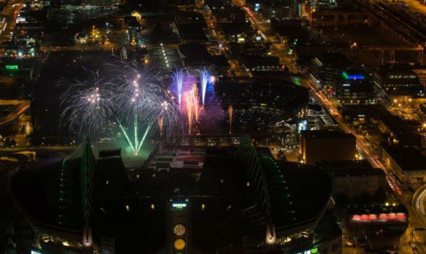 Safeco Field fireworks are seen from the Sky View Observatory on the 73rd floor of the Columbia Tow...