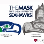 A Burke Museum graphic compares the original Seahawks logo with the Native mask that inspired it.