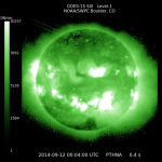 An image from NOAA shows powerful solar activity Thursday. A particularly strong solar flare sent hurling to Earth is increasing the chance for people to see the Northern Lights much farther south over the next few days.