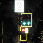 In this phase, bicyclists have a red light meaning they cannot turn or go straight. The green left turn arrow is for cars turning left. The straight green arrow on the far right is for cars on 2nd Avenue heading southbound.