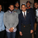 Seahawks teammates Bobby Wagner, BJ Daniels, KJ Wright, Earl Thomas, Bruce Irvin, Richard Sherman (from left) mug for the camera at the first annual Guardian Angel Foundation Seahawks and Steaks fundraiser Monday night in Bellevue hosted by Thomas.
