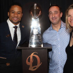Earl Thomas shows off the Lombardi Trophy with attendees at the first annual Guardian Angel Foundation Seahawks and Steaks fundraiser Monday night in Bellevue.
