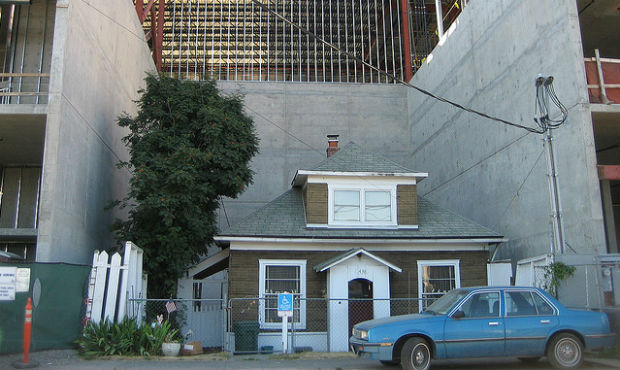 Edith Macefield’s home, squeezed in between the Ballard Blocks development in Ballard. This p...