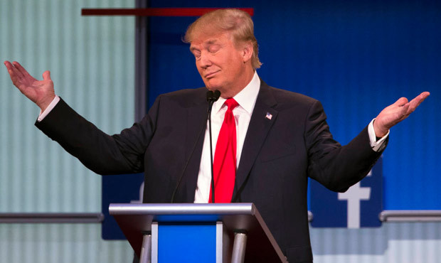 Republican presidential candidate Donald Trump gestures during the first Republican presidential de...