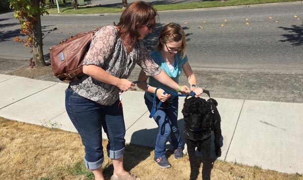 Kaelyn Drummond and her mom get acquainted with her new service dog, Finnegan. (KIRO Radio/Josh Ker...