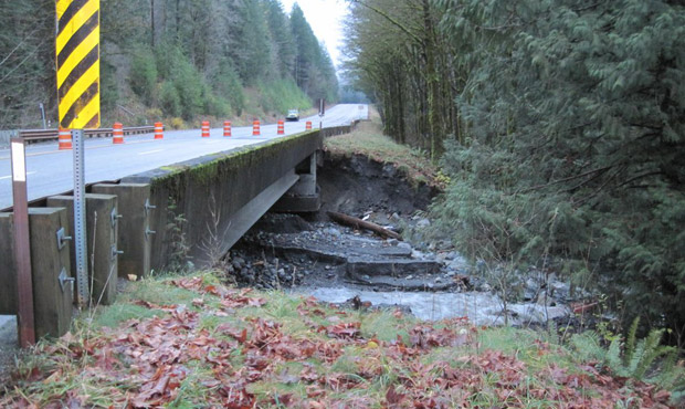 The U.S. 2 bridge undercut remains closed about six miles east of Skykomish up to Deception Falls, ...