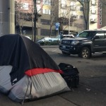 A tent pitched under I-5 in downtown Seattle. 