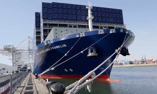 The CMA CGM Benjamin Franklin, the largest vessel ever to call in the United States, arrive for its...