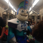 The Sound Transit mascot on board light rail for its opening on Saturday.