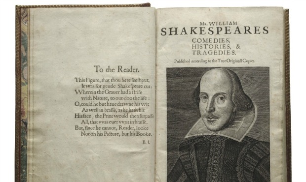 The title page of Shakespeare’s First Folio, featuring a sketch of Shakespeare that’s b...