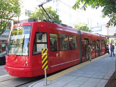 The South Lake Union Streetcar arrives at a stop. (Photo: Seth Keller, KIRO Newsradio)...