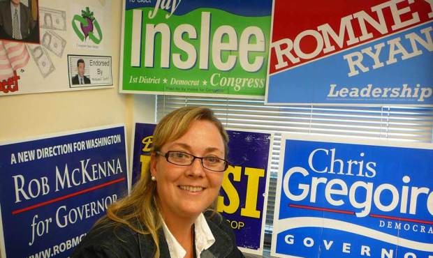 Lynnwood High School government teacher Sharon Kriskovich has been using bi-partisan campaign signs...