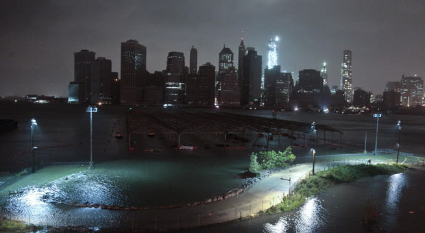 Lower Manhattan goes dark during Hurricane Sandy as a massive storm surge floods parts of New York ...