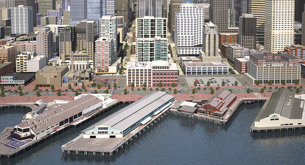 Early concept of future viaduct-less Seattle waterfront. A new waterfront street will be built wher...