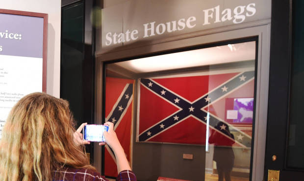 Confederate flags that once flew at the South Carolina Statehouse are displayed at the South Caroli...