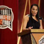 Inductee Dawn Staley speaks during the enshrinement ceremony for this year's class of the Basketball Hall of Fame, at Symphony Hall in Springfield, Mass., Sunday, Sept. 8, 2013. (AP Photo/Steven Senne)