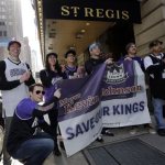 Sacramento Kings supporters gather outside the hotel where NBA owners are meetings regarding the possible relocation of the Sacramento Kings team to Seattle, in New York, Wednesday, April 3, 2013. Hedge fund manager Chris Hansen and Microsoft Chief Executive Steve Ballmer have agreed to buy a majority stake in the Kings from the Maloof family for $341 million, but the deal needs league approval. (AP Photo/Richard Drew)