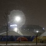 Snow falls outside of MetLife Stadium during a storm, Tuesday, Jan. 21, 2014, in East Rutherford, N.J. The NFL will host Super Bowl XLVIII at the stadium on Feb. 2, which is the first time the league will play its title game outdoors in a city where it snows. (AP Photo/Julio Cortez)