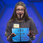 Kate Miller of Abilene, Texas, air types as she spells the word "maelstrom" correctly during the preliminary round of the National Spelling Bee, Wednesday, May 28, 2014, in Oxon Hill, Md. (AP Photo/Evan Vucci)