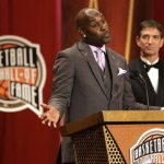 Inductee Gary Payton, left, speaks during the enshrinement ceremony for the 2013 class of the Naismith Memorial Basketball Hall of Fame as Hall-of-Famer John Stockton, right, looks on at Symphony Hall in Springfield, Mass., Sunday, Sept. 8, 2013. (AP Photo/Steven Senne)