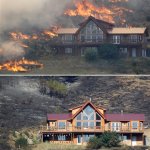 This photo combination shows a house on a hillside above Bettas Road near Cle Elum, Wash., surrounded by flames on Tuesday, Aug. 14, 2012, top, and on Wednesday, Aug. 15, 2012, bottom. A spokesman for the Washington state Department of Natural Resources said the house survived the fire because of the defensible space around the structure with the placement of the driveway and the lack of trees and brush up against the house, preventing flames from reaching it. Firefighters are still working to control the Bridge Taylor Fire and said that it's 25 percent contained. (AP Photo/Elaine Thompson)