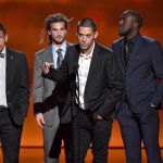 Team captain Clint Dempsey, center, and fellow members of the U.S. men's soccer team accept the award for best moment, at the ESPY Awards at the Nokia Theatre on Wednesday, July 16, 2014, in Los Angeles. (Photo by John Shearer/Invision/AP)