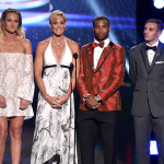 From left, Hannah Rogers, Dara Torres, Golden Tate and Max Lachowecki speak on stage at the ESPY Awards at the Nokia Theatre on Wednesday, July 16, 2014, in Los Angeles. (Photo by John Shearer/Invision/AP)
