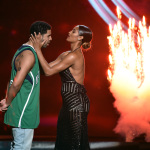 Skylar Diggins and Drake, left, stand on stage at the ESPY Awards at the Nokia Theatre on Wednesday, July 16, 2014, in Los Angeles. (Photo by John Shearer/Invision/AP)