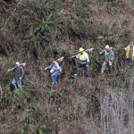 Volunteers with chainsaws march down a rugged path toward the scene of a deadly mudslide that hit Saturday, Tuesday, March 25, 2014, in Arlington, Wash. At least 14 people were killed in the 1-square-mile slide that hit in a rural area about 55 miles northeast of Seattle. Several people also were critically injured, and homes were destroyed. (AP Photo/Elaine Thompson)