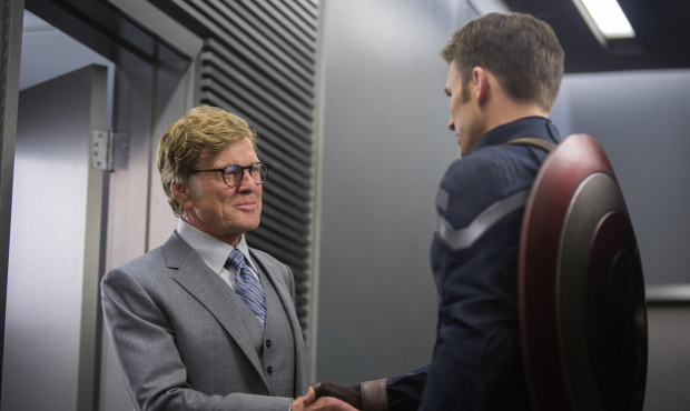 Robert Redford, left, and Chris Evans in a scene from “Captain America: The Winter Soldier.&#...