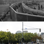 The combo shows East Germans erecting the wall in front of the Reichtags building on Nov. 20, 1961 and cyclists going by on Sept. 25, 2014 - 25 years after the fall of the wall. (AP Photo/Markus Schreiber)