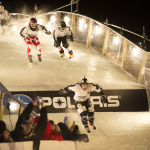 The Mountain Rockers race the Crashed Ice course Friday night during the qualifying round Friday, Jan. 23, 2015, at the Red Bull's Crashed Ice National Shootout at the St. Paul Cathedral in St. Paul, Minn. (AP Photo/The Star Tribune, Aaron Lavinsky)