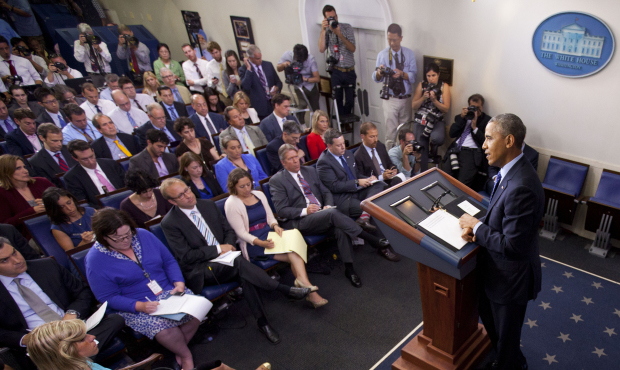 President Barack Obama speaks about the situation in Iraq, Thursday, June 19, 2014, in the Brady Pr...