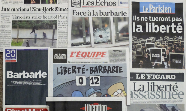 Frontpages of French newspapers reporting about Wednesday’s attack on a satirical newspaper i...