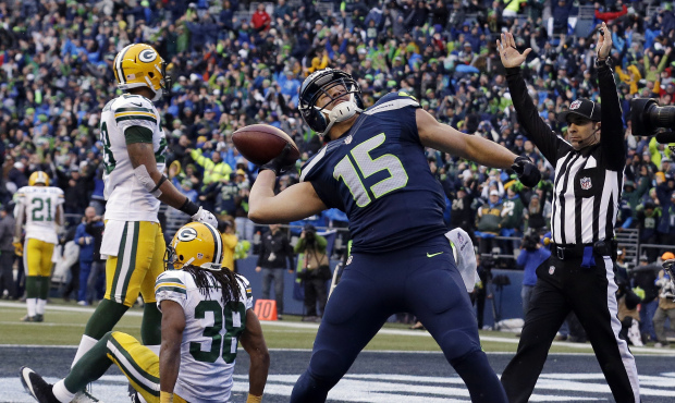 Jermaine Kearse celebrates after catching the game-winning touchdown Sunday. (AP photo)...